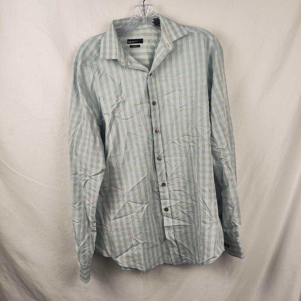 Bar III Shirt Mens 15-15.5 34/35 Blue Gingham Slim Fit Easy Care Stretch Dress